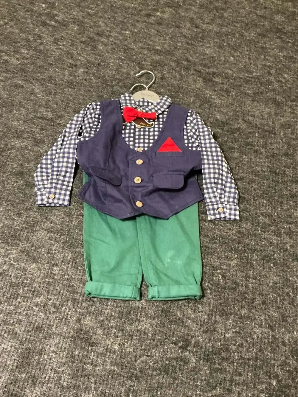 Little Gent 3-Piece Formal Suit Set with Gingham Shirt, Vest, Pants, and Bowtie